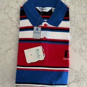 Dache’ Men's Striped Polo Golf Shirt - Blue, Red, White with Stonehenge logo.